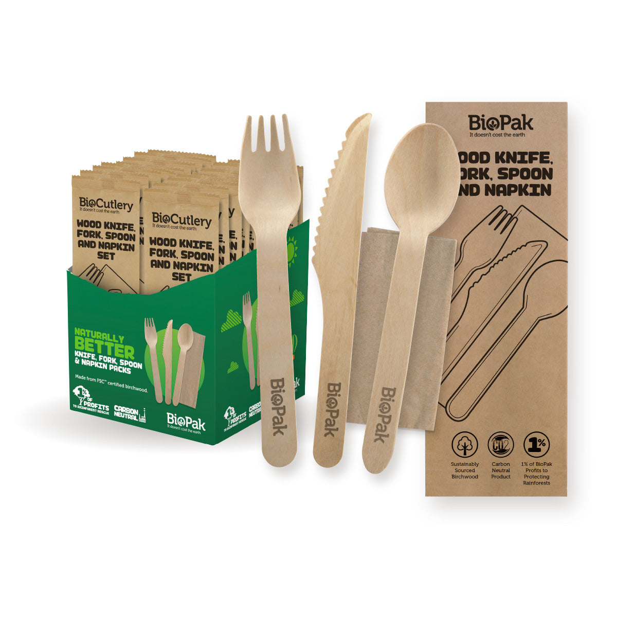 16cm FSC Wood Fork, Knife, Spoon & Napkin Sets