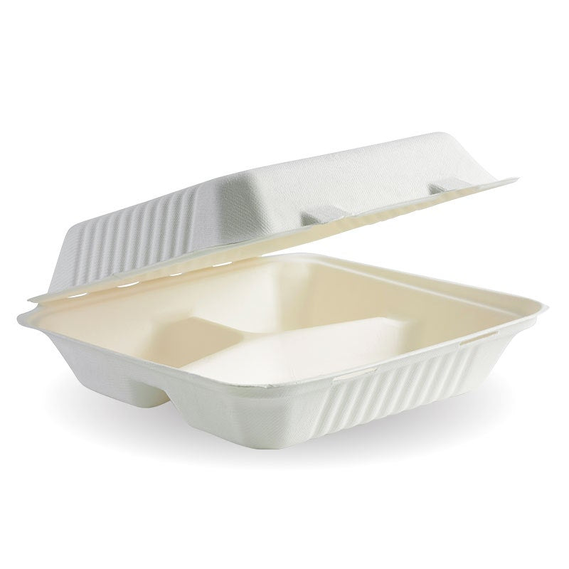 23x23x8cm 3-Compartment White BioCane Clamshell