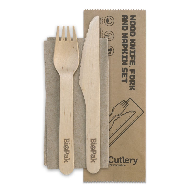 16cm Coated Wood Knife, Fork & Napkin Set