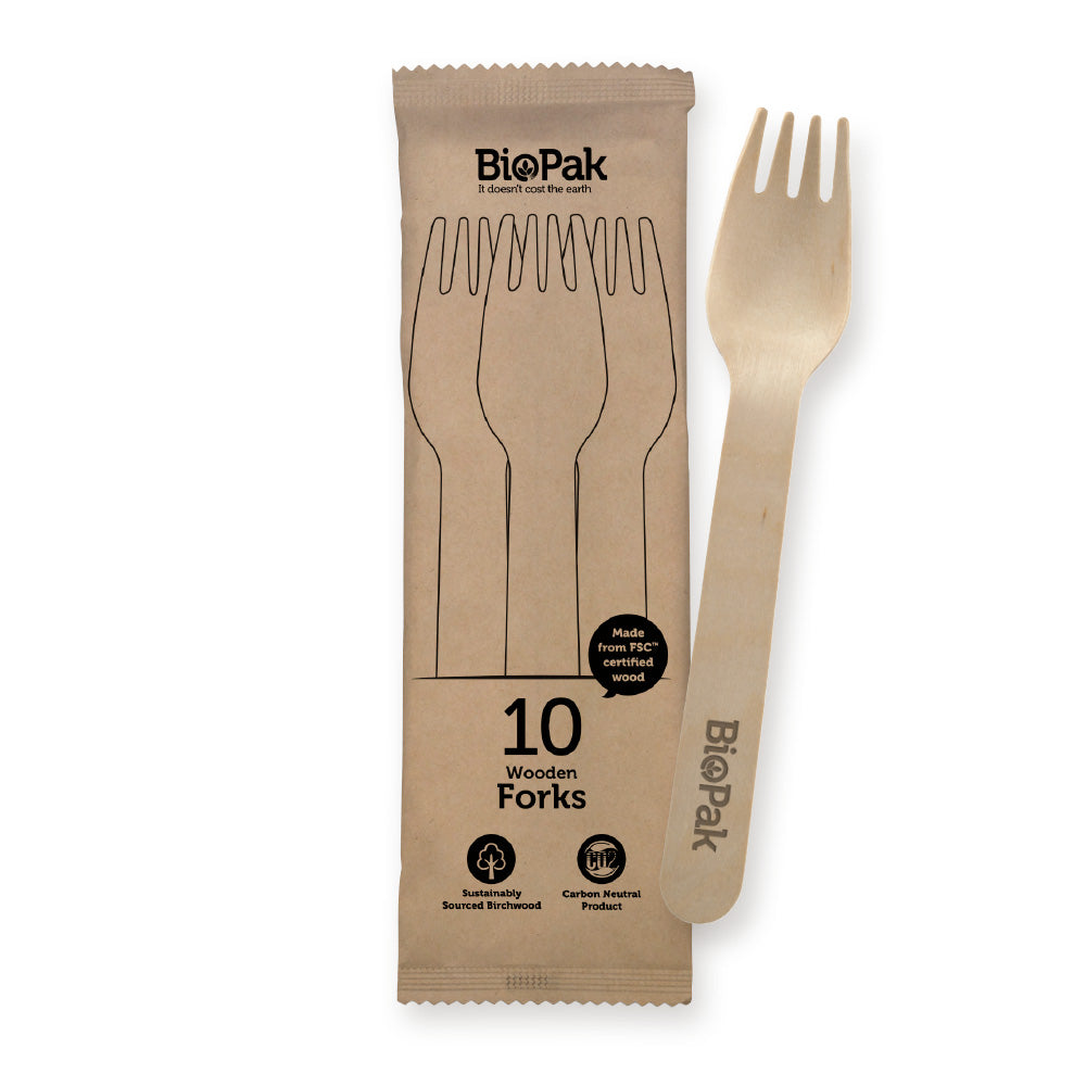 10 Pack 16cm Wooden Fork In Paper Sleeves